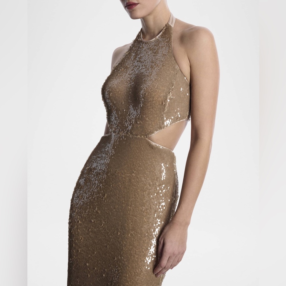 BCBGMaxAzria Gold Sequin Sequin Cutout Halter Gown